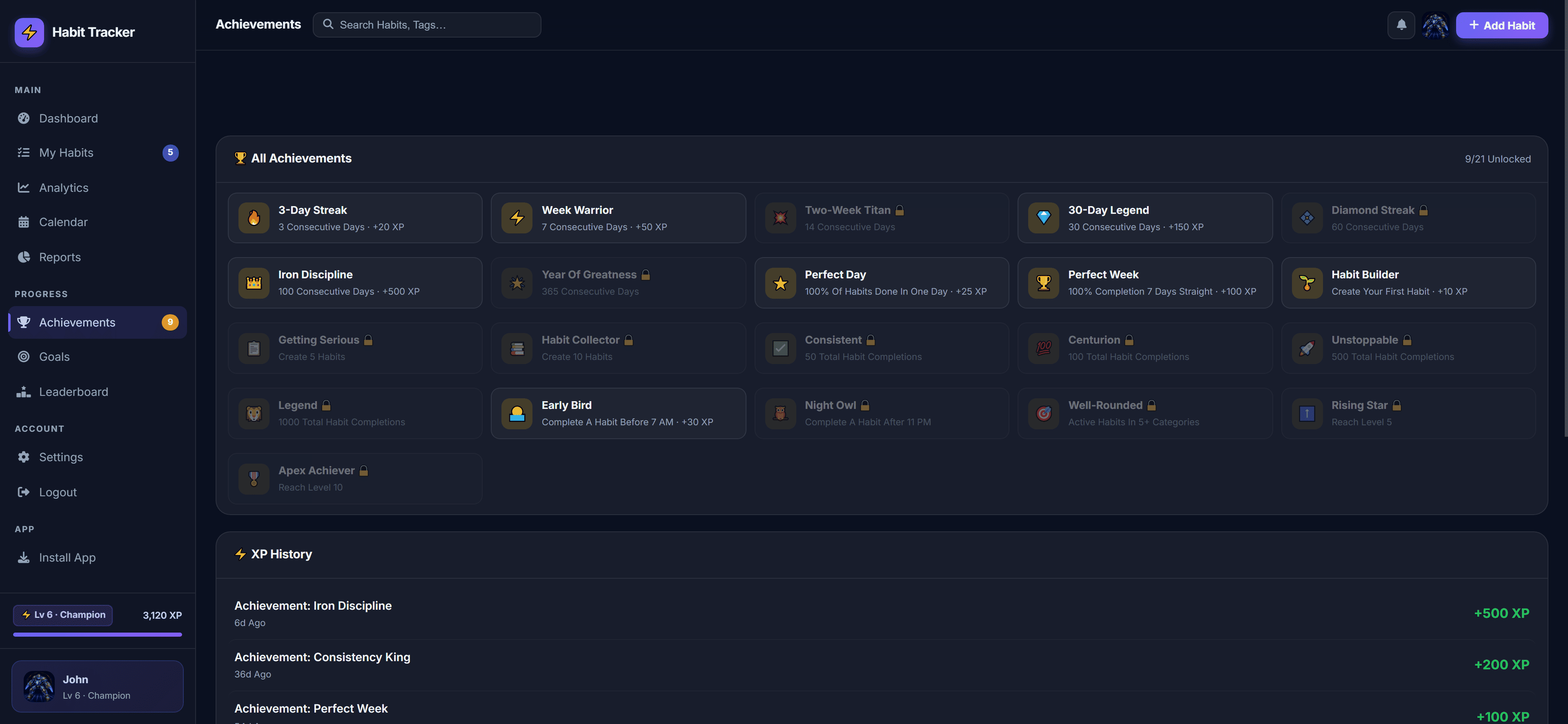 Achievements page showing 21 unlockable badges, XP history and level progress