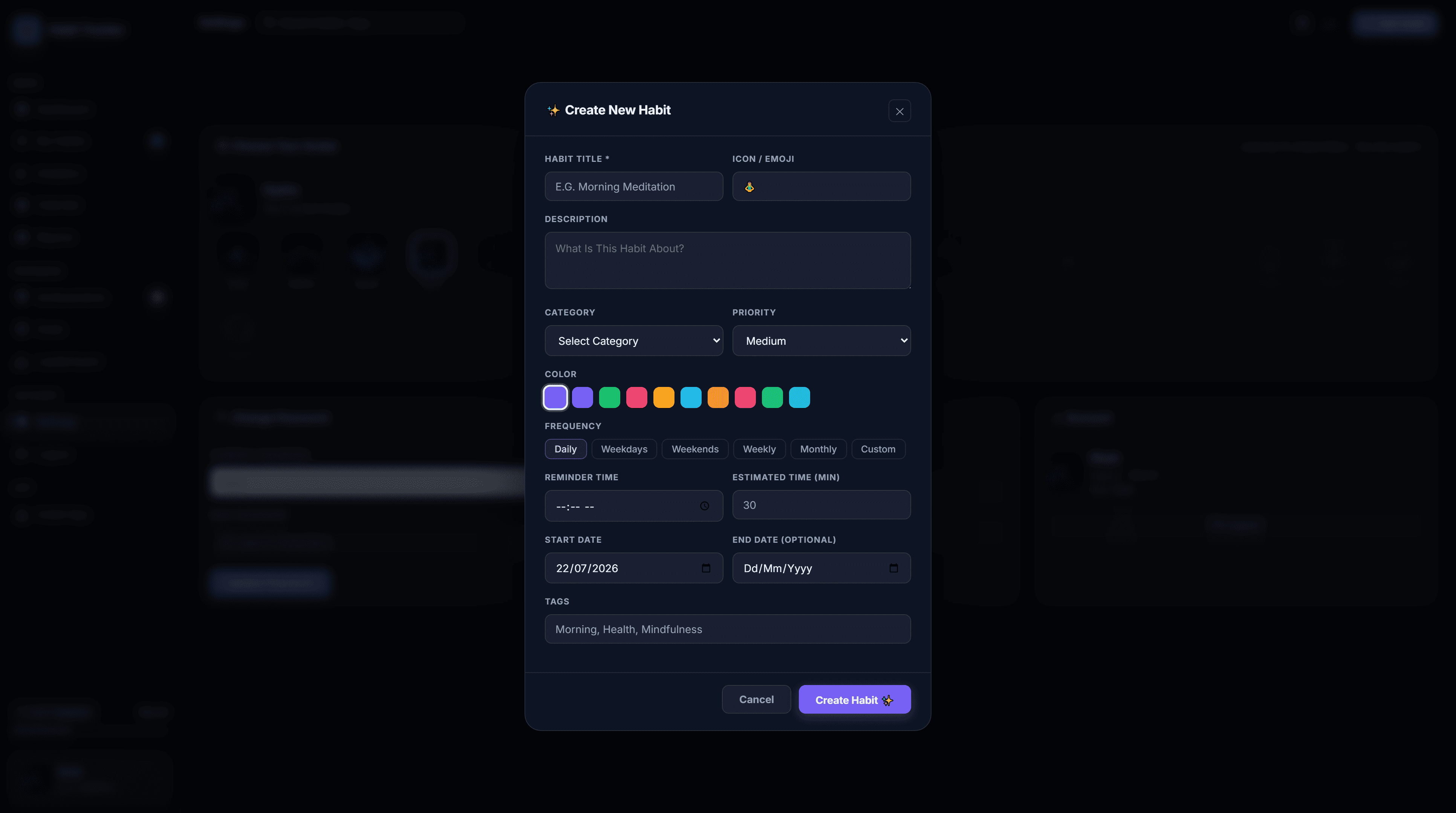 Create new habit form with icon, category, color and frequency options