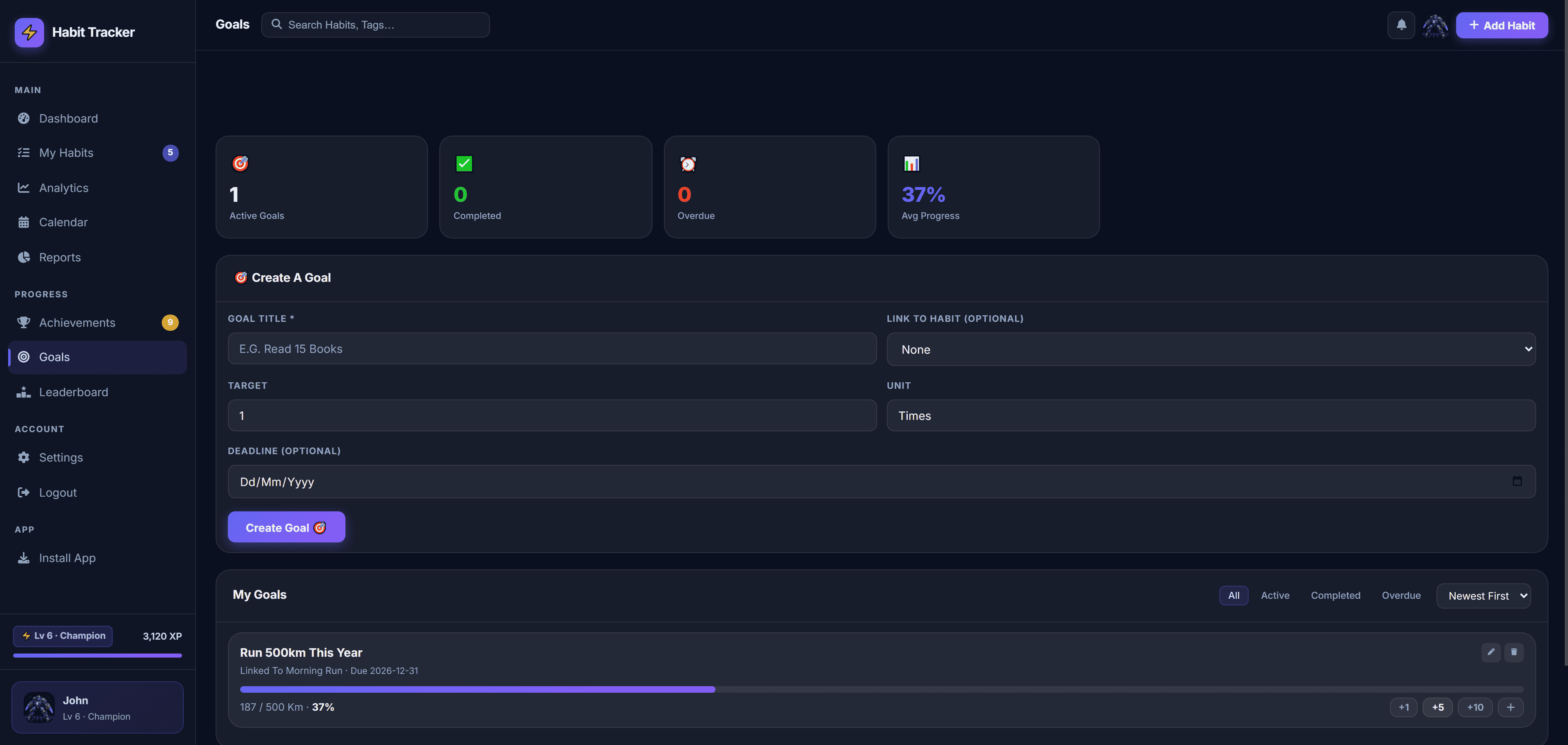 Goals page showing active goals, progress bars and goal creation form